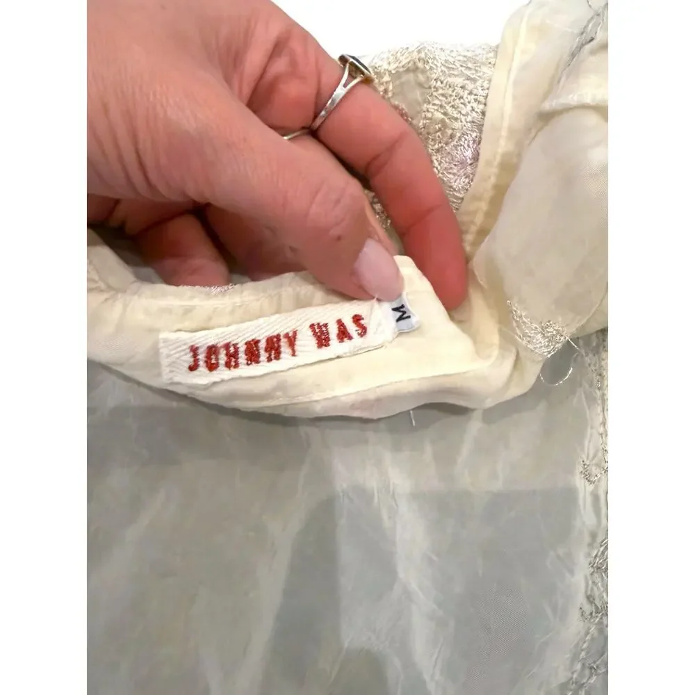 JOHNNY WAS Cream Silk Embroidered Crinkle Button-Down Blouse Medium EUC - Picture 5 of 5